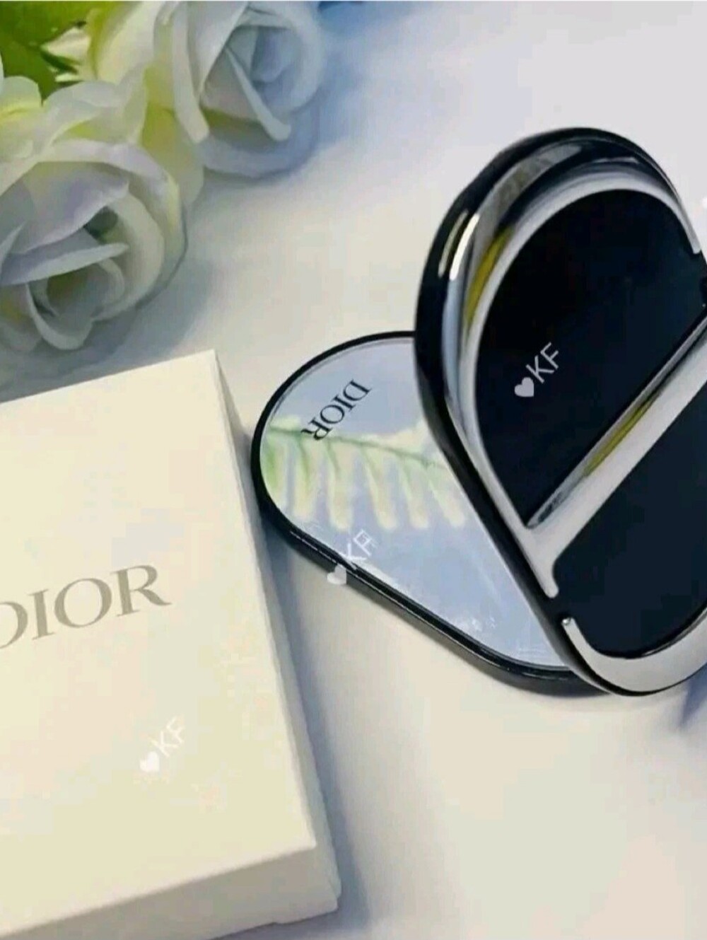 Dior CD Logo Dual Mirror Phone Holder Stand – Black/Silver Luxe Accessory